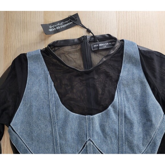 Denim Bodysuit Maniere De Voir sz 16 Black Mesh Long Sleeve Corset Clubwear NEW - Picture 2 of 9